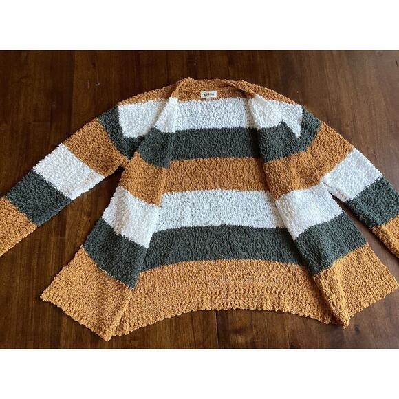 Adora Super Soft Striped Popcorn Puff Cardigan Sweater Gold Gray White Sz Medium - Picture 4 of 11